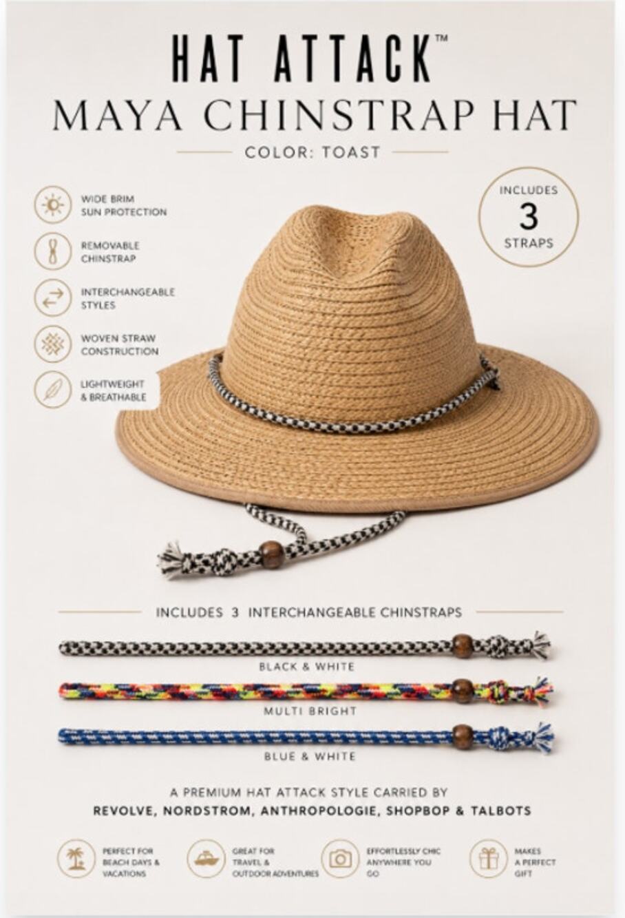 Hat Attack Maya Chinstrap Hat Toast NWT SHAA117 Straw Sun Hat Sold Out